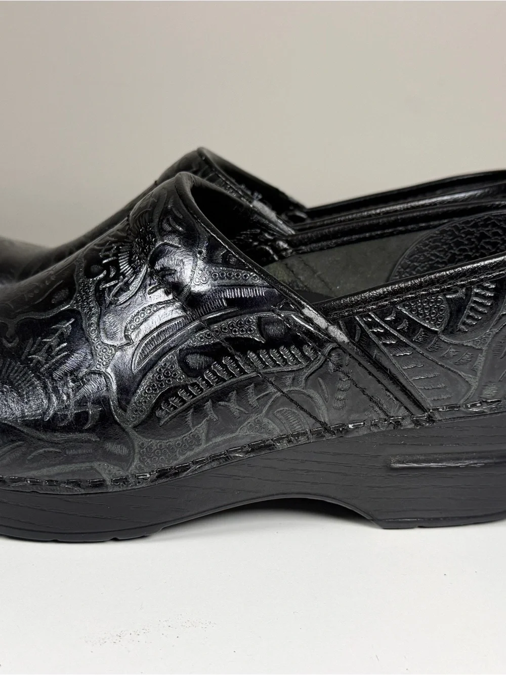 Dansko Black Embossed Leather Slip-On Clogs size 37